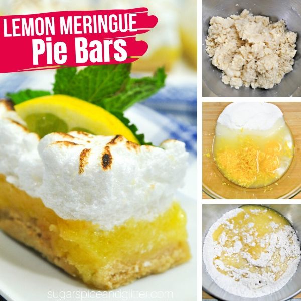 composite image of a slice of limoncello pie bar with three in-process images showing how to make the recipe