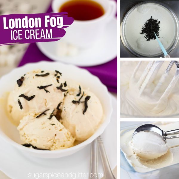 composite image of a bowl of London Fog ice cream and three images showing the process of how to make it