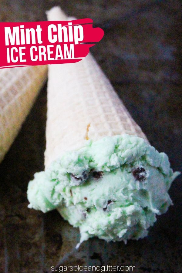 Homemade mint chip ice cream - without the machine! This no churn mint chocolate chip ice cream is simple enough for kids to help make and tastes just like mint chip ice cream from the store