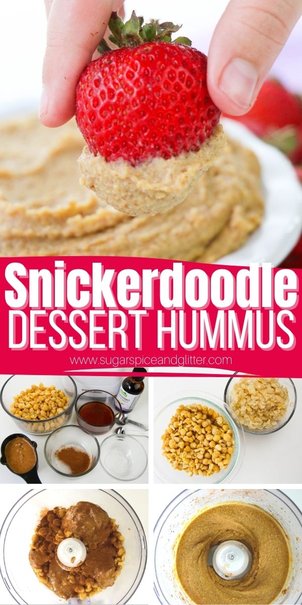 How to make Snickerdoodle Hummus, a decadent dessert dip that tastes just like cookie dough! This cinnamon and vanilla sugar cookie dip is a great way to stick to your health goals while feeling indulged