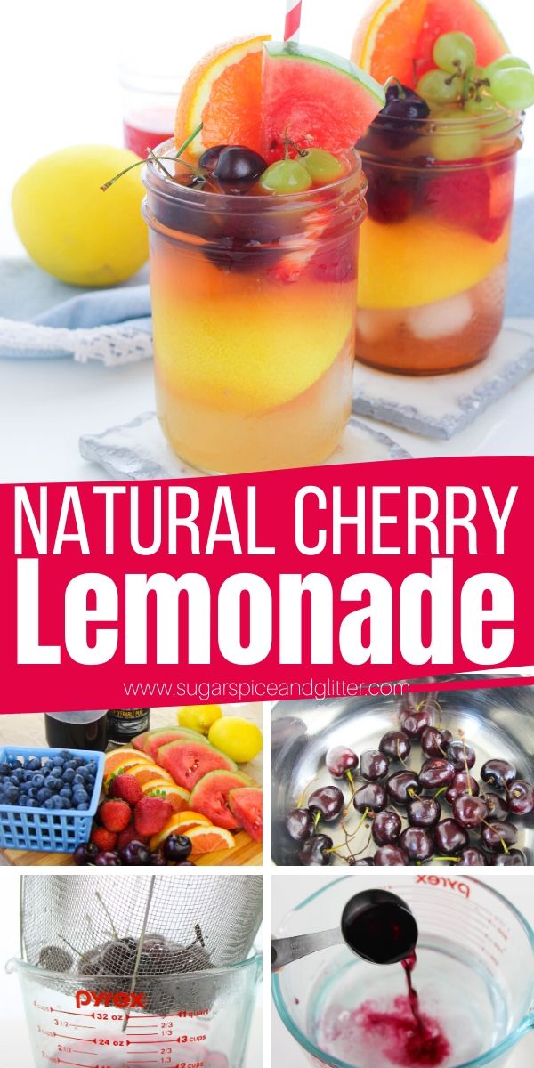 How to make cherry lemonade with real cherries and no processed sugar. This Natural Cherry Lemonade is a sweet and tart drink that is perfect for summer parties, BBQs, or beach days. You can make it sparkling or into a cherry lemonade cocktail