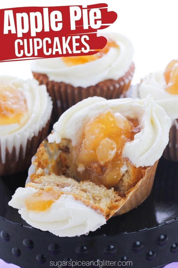 Tender Cinnamon-Vanilla Cupcakes with apple pie filling baked into the cupcakes and then topped with a luscious cinnamon-vanilla buttercream frosting. These apple pie filled cupcakes are the ultimate fall cupcake recipe