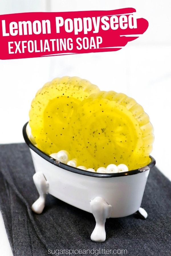 An easy beauty DIY with an invigorating lemon scent, these Lemon Exfoliating Soap Bars are inspired by our favorite lemon poppyseed muffins. Poppyseeds and dead sea salt act as natural yet gentle exfoliants. Add a dried lemon peel or dried sponge for extra visual interest and exfoliating power.
