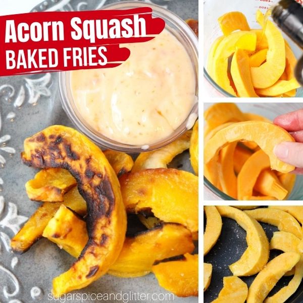 composite image of acorn squash fries along with three in-process images of how to make them