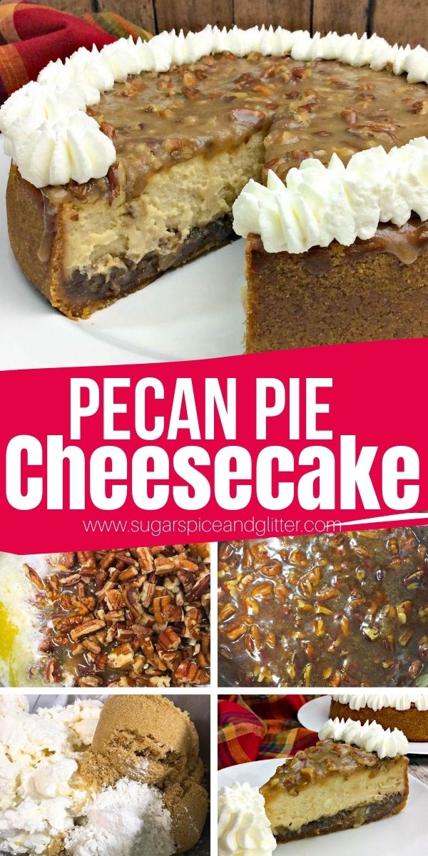 How to make a pecan pie cheesecake - the ultimate Thanksgiving dessert. Why decide between pie and cheesecake when you can have both? Vanilla cookie crust, sweet pecan pie filling, and a brown sugar cheesecake all topped with homemade whipped cream frosting. Everyone will be raving about this fall dessert!