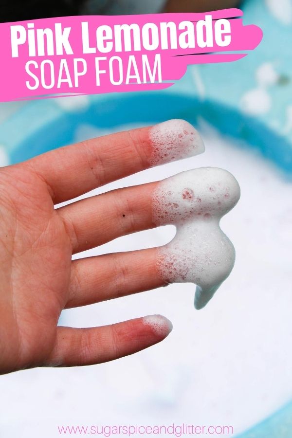 A thick, fluffy soap foam sensory bin that smells just like pink lemonade! The perfect summer sensory activity for kids. Scented soap foam, pink lemonade sensory play