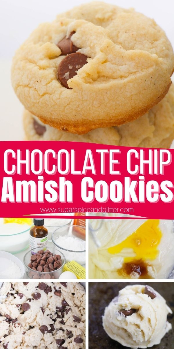How to make Amish Chocolate Chip Cookies just like you can find at country markets. Made with common pantry staples and ready to eat in less than 20 minutes, these cookies are like a cross between a chocolate chip cookie and a shortbread cookie - and the recipe yields enough to feed a crowd!