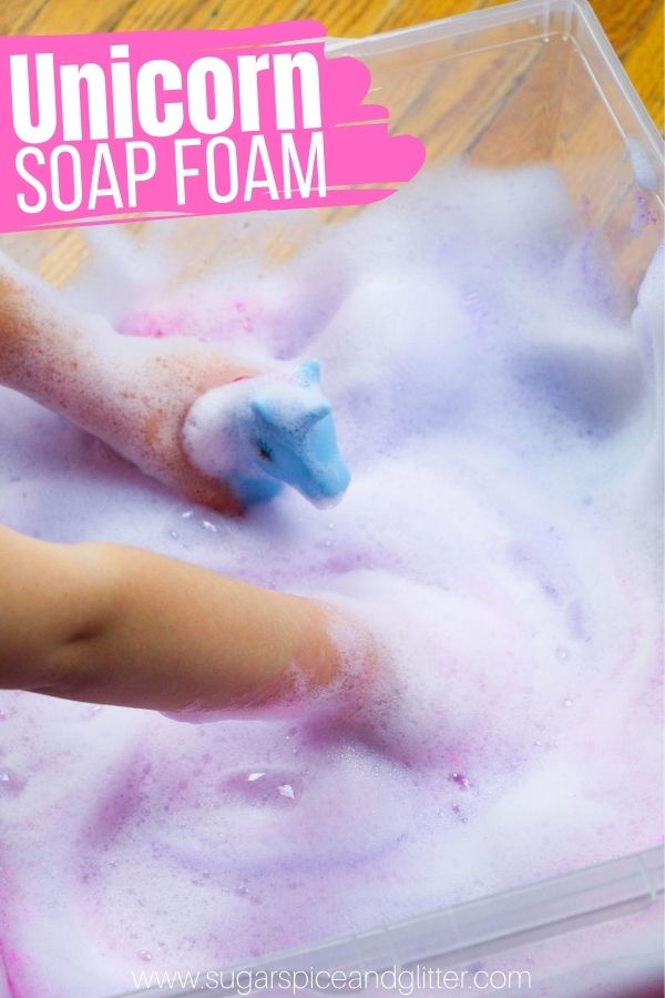 A fun and unique sensory bin for kids, this Unicorn Soap Fun bin is like a big fluffy bubble bath for kids to give their favorite toys. The bubbles stay fluffy and perfect for over 20 minutes of play