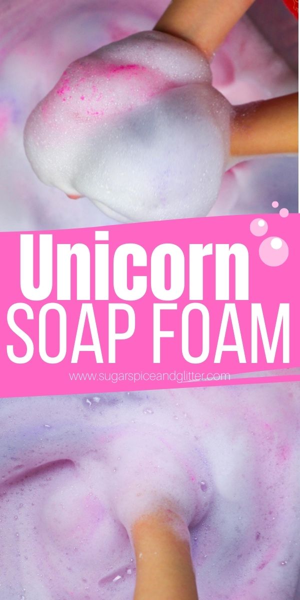 How to make colorful, fluffy and bubbly unicorn soap foam for a unique sensory bin that the kids will love! The bubbles stay intact and fluffy for over 20 minutes of play as kids swirl their hands in or use the soap to scrub their favorite unicorn toys
