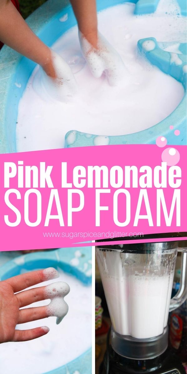 How to make pink lemonade soap foam, a delicious-smelling and clean sensory play activity for kids. This non-messy soap foam stays fluffy and bubbly for half an hour and is super easy to whip up!