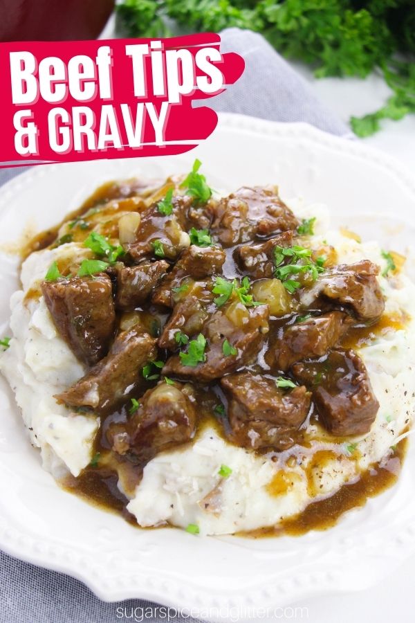 An amazing beef tips and gravy recipe, with tender, perfectly seared beef tips simmered in a rich, perfectly balanced beef and onion gravy. It's super simple to make, involves less than 20 minutes of active time in the kitchen, and results in a delicious meal the whole family will love.
