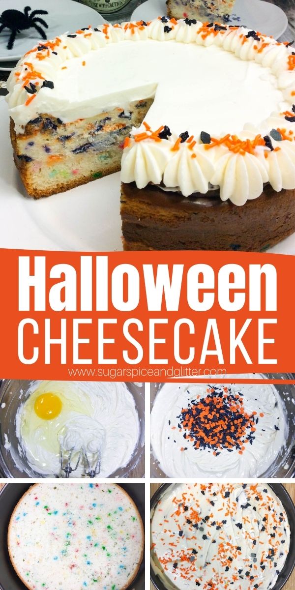 How to make a three-layer Halloween cheesecake with a funfetti cake base, cheesecake center and homemade whipped cream frosting. A decadent cake that is incredibly simple to make at home