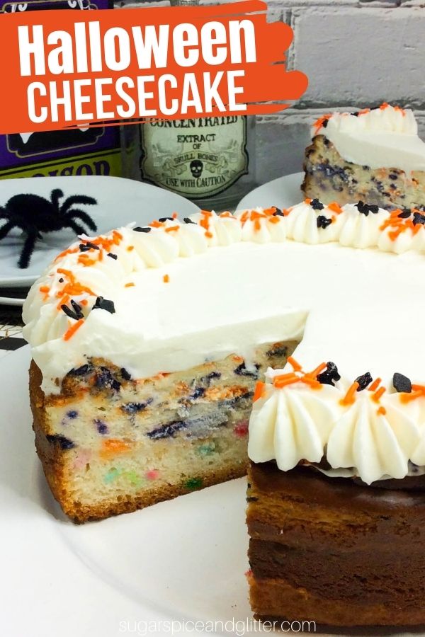 A delicious and unique Halloween cheesecake with a funfetti cake base and whipped cream topping, this cheesecake is perfect for having your cake - and eating your cheesecake, too!