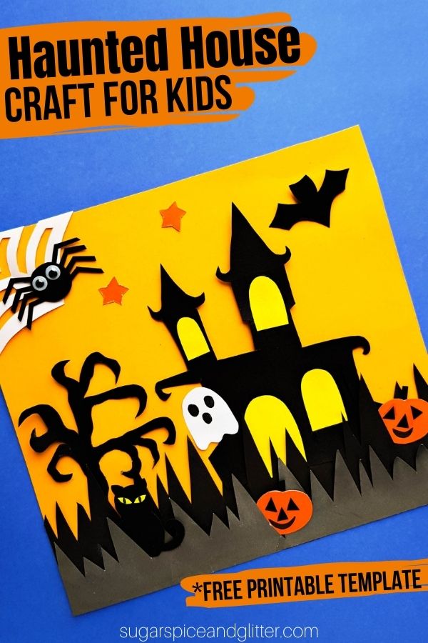 A super fun and easy Haunted House craft for kids with a free printable template. Kids can make this craft their own by decorating the house, adding stickers, or painting a night sky background