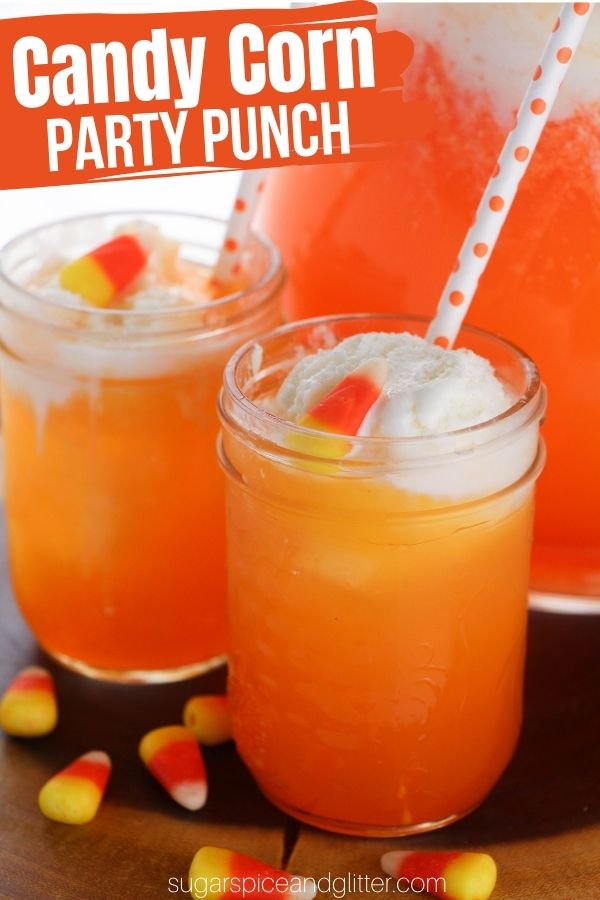 A fun ombre-effect candy corn party punch, perfect for fall parties or fall movie nights