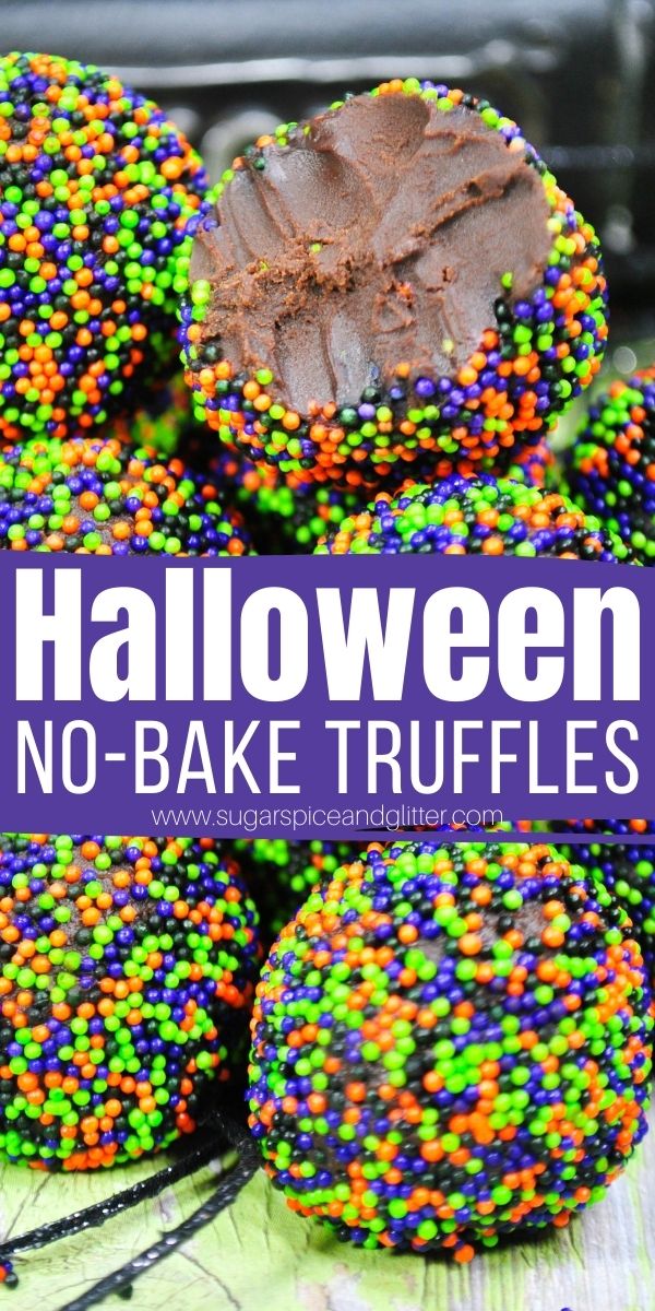 How to make no bake chocolate truffles that are rich, sweet and oh-so decadent. These Halloween truffles are the perfect no bake dessert for your Halloween movie night or party.