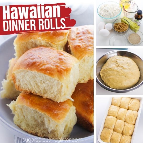 composite image of a blue bowl filled with Hawaiian Dinner Rolls along with three images showing how to make the recipe