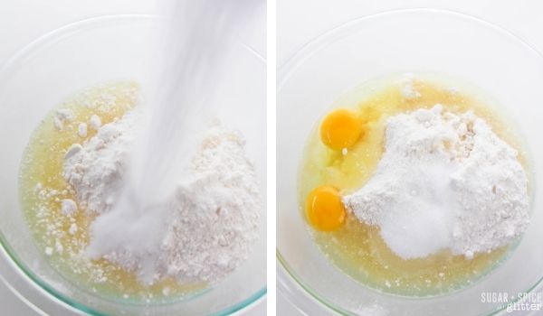 2 photo collage showing adding cake mix and cookie ingredients to a glass mixing bowl