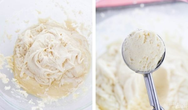 2 photo collage showing mixing sugar cookie batter, and a cookie scoop of dough