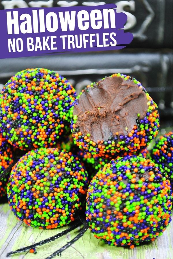 A decadent and rich no bake chocolate truffle recipe perfect for Halloween, these easy 3-ingredient chocolate truffles can be rolled in sprinkles, powdered sugar or cocoa, whatever you'd prefer!