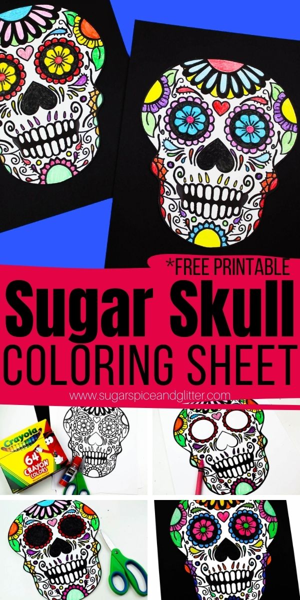 A simple sugar skull craft for kids, this free printable sugar skull coloring sheet is a gorgeous template that can be used to make a homemade card, wall art or a Dia de los Meurtos banner
