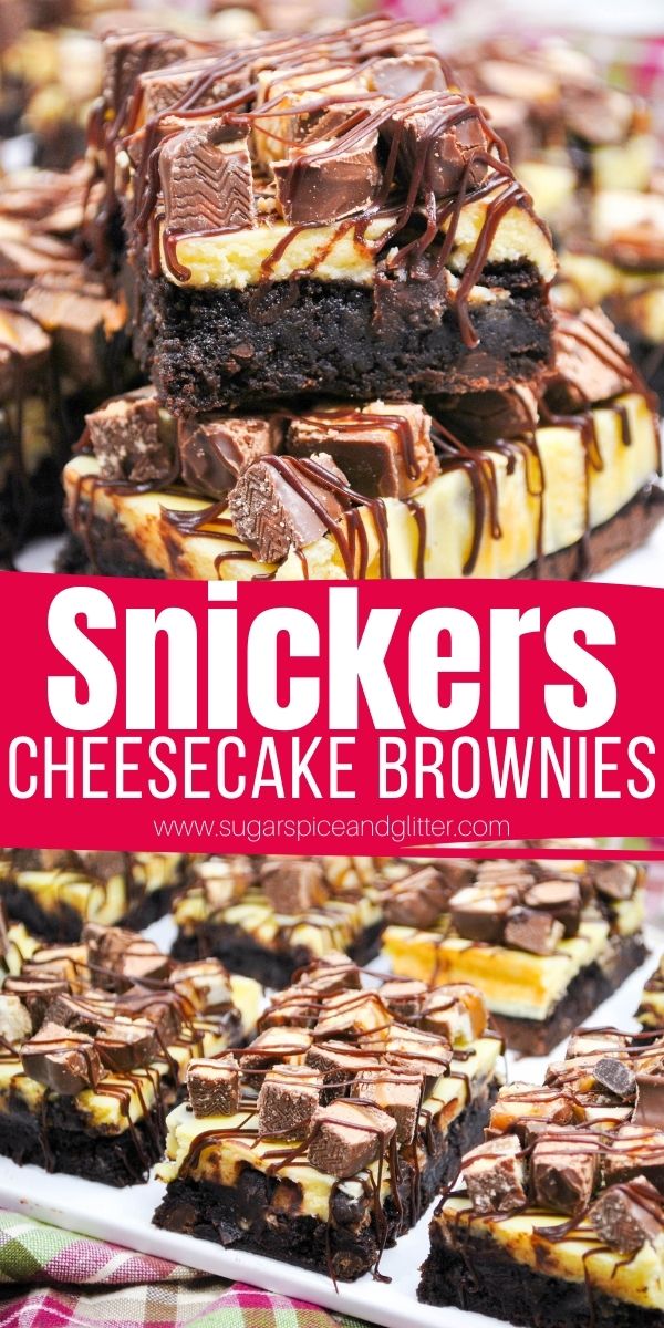 How to make the best Snickers Cheesecake Brownies, an indulgent dessert for the Snickers fan in your life and perfect for a party! Fudgy brownie layer topped with a rich chocolate chip cheesecake layer and lots of chopped Snickers and a homemade chocolate ganache