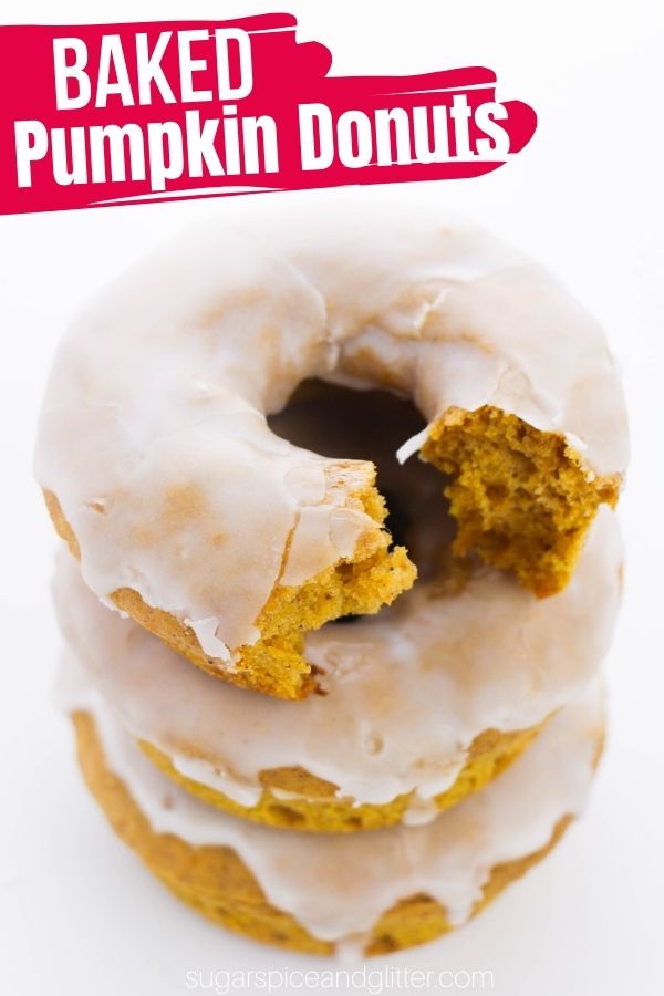 Perfect baked pumpkin spice donuts with real pumpkin and a crunchy, no-cook vanilla glaze. These baked pumpkin donuts are the perfect fall dessert to pair with your Pumpkin Spice Latte!