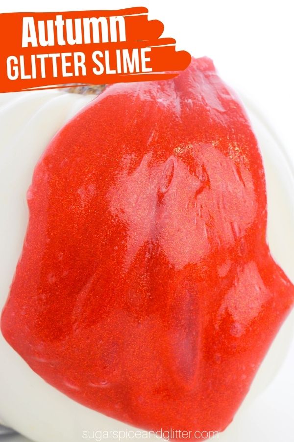 A quick and easy recipe for a glittery autumn slime perfect for rainy day sensory play. This 3-ingredient slime recipe adds super fine glitter for an iridescent and mesmerizing effect but doesn't leave glitter all over your hands!