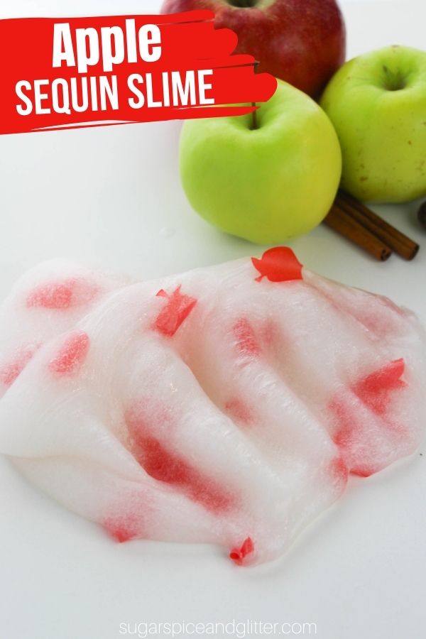 A stretchy, squishy red apple slime with a vibrant apple scent - this apple confetti slime is the perfect fall slime if your day of apple picking gets rained out!
