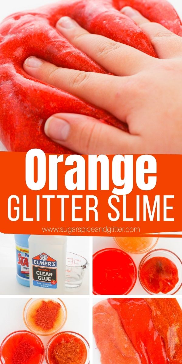 How to make sparkly orange glitter slime using just 3 ingredients for the base slime and 5 ingredients total. This easy glitter slime is the perfect fall sensory play activity for kids!