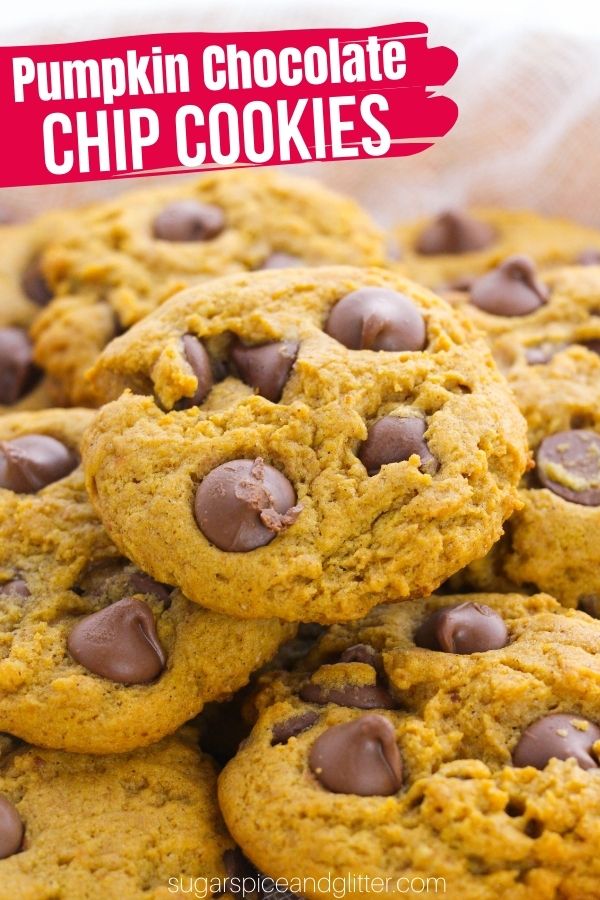 A delicious and super easy recipe for soft pumpkin chocolate chip cookies - the ultimate fall cookie recipe using fresh pumpkin, a dash of pumpkin spice and milk chocolate chips.