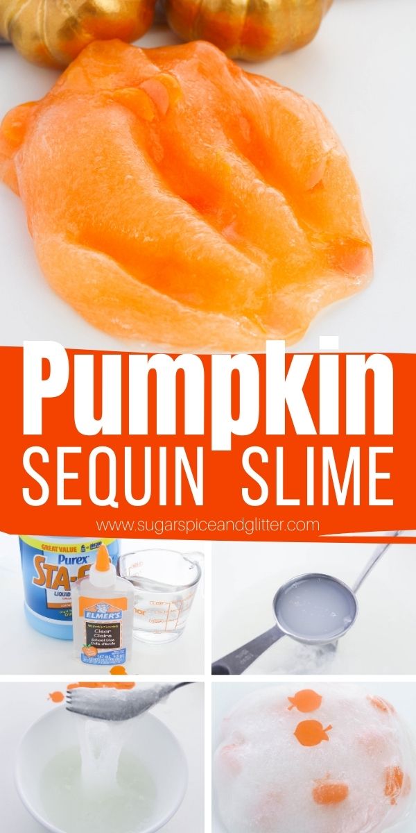 How to make pumpkin slime - the perfect sensory play activity for fall, this 3 ingredient slime is squishy, stretchy and not at all sticky, making it the perfect fall sensory activity for kids.
