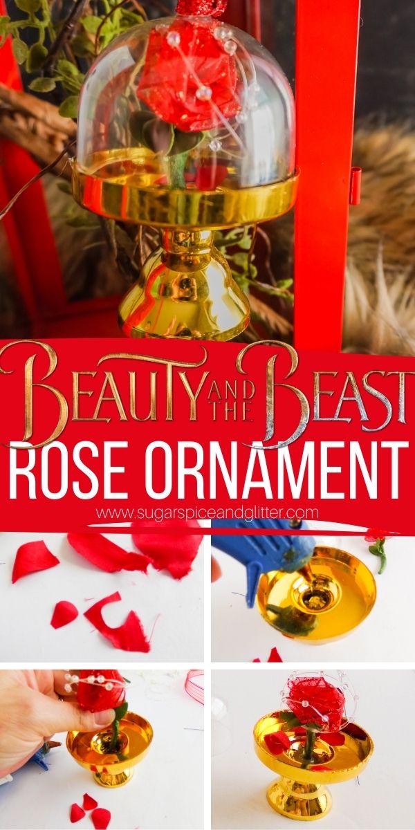 How to make Enchanted Rose Ornaments inspired by Beauty and the Beast to add some Disney magic to your Christmas decor. Super easy and affordable to make, these Beauty and the Beast Ornaments would also be great for a party or family movie night