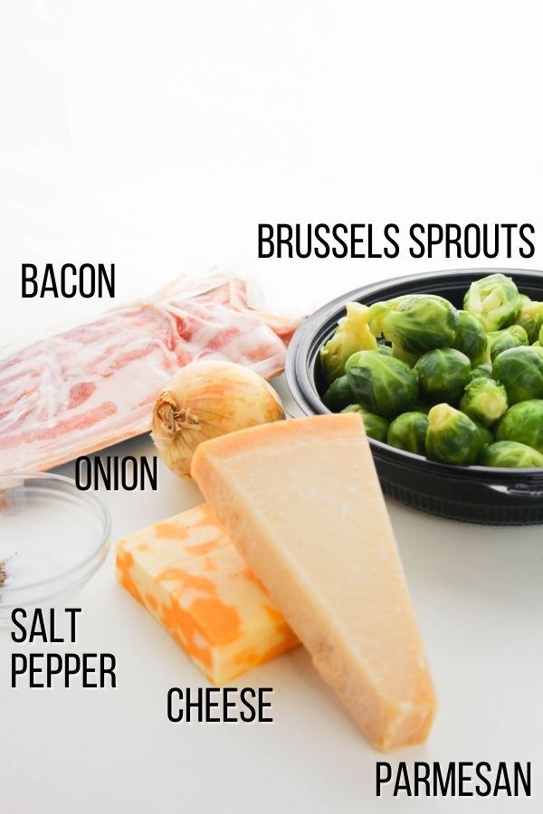 image showing ingredients needed to make the cheesy brussels sprouts recipe