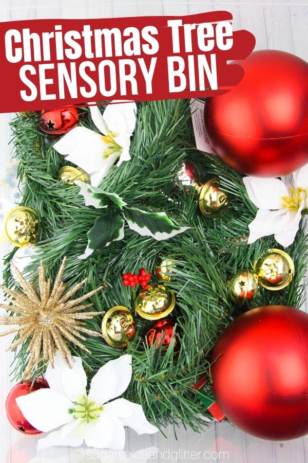 A fun Christmas sensory bin for kids to explore instead of destroying the Christmas tree! This Christmas Tree Sensory Bin has all of their favorite aspects of the Christmas tree in a safe, structured sensory bin that allows them to learn while they play