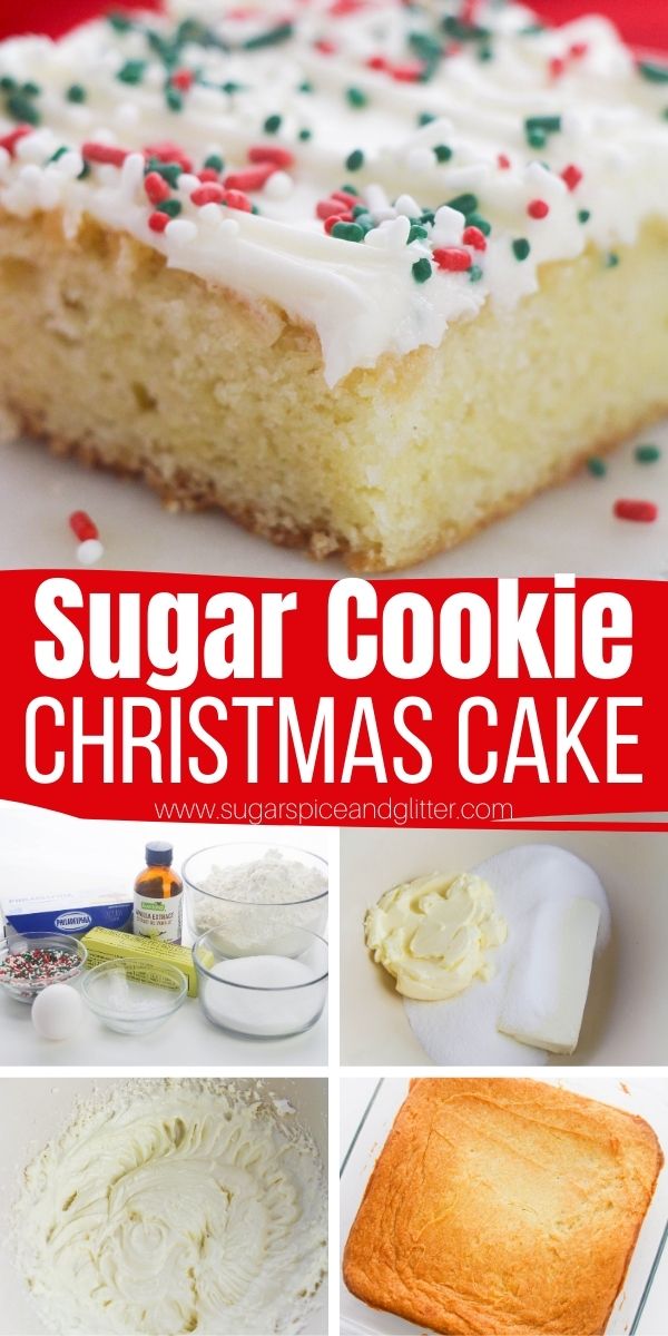 How to make the best Sugar Cookie Cake - the perfect combination of snack cake texture with sugar cookie flavor. Topped with a luscious cream cheese frosting and festive sprinkles