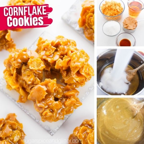 composite image of how to make cornflake cookies with three images showing how to make them