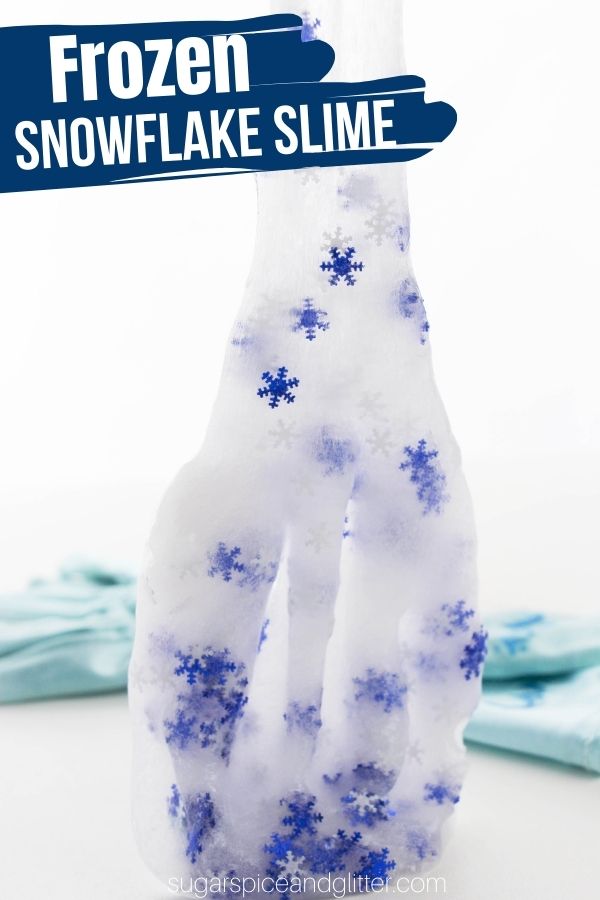 Stretchy, squishy snowflake slime inspired by Queen Elsa! This Disney slime recipe is super easy to make and doubles as a gorgeous homemade gift for kids or a Frozen party activity
