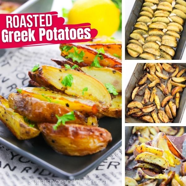 composite image of crispy roasted Greek potatoes on a black plate along with three images showing how to make the recipe