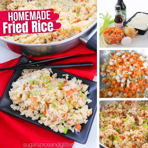 composite image of a black square dish piled high with fried rice on a red napkin with black chopsticks and a frying pan full of fried rice in the background along with an ingredient shot of the ingredients needed to make fried rice and two in-process images of how to make it