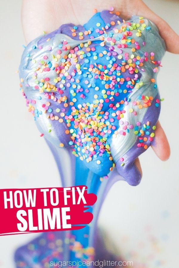 How to fix slime fails - plus tips on how to get the perfect slime every time! How to fix stringy slime, sticky slime, slime that breaks - and get those slime messes out of your carpet, clothing and hair.