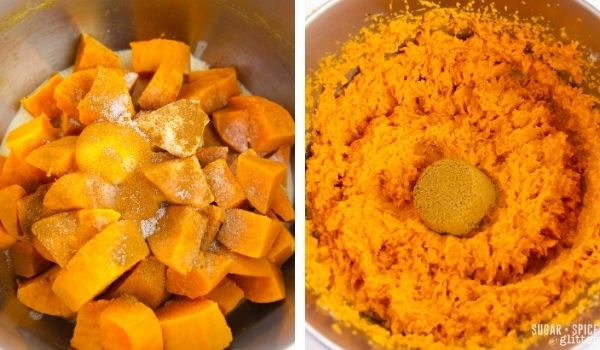 2 step photo collage blending sweet potatoes in a food processor