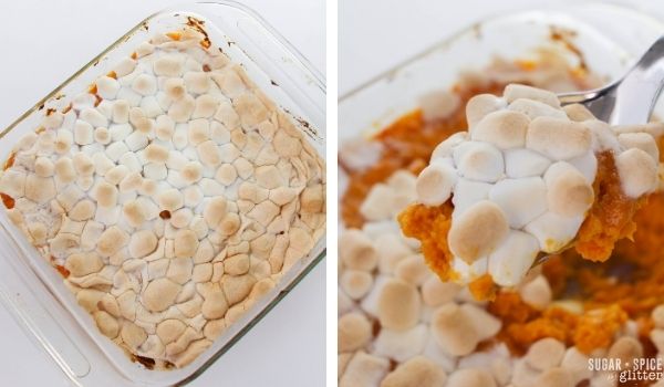 2 photo collage: sweet potato casserole topped with marshmallows and a scoop on a spoon