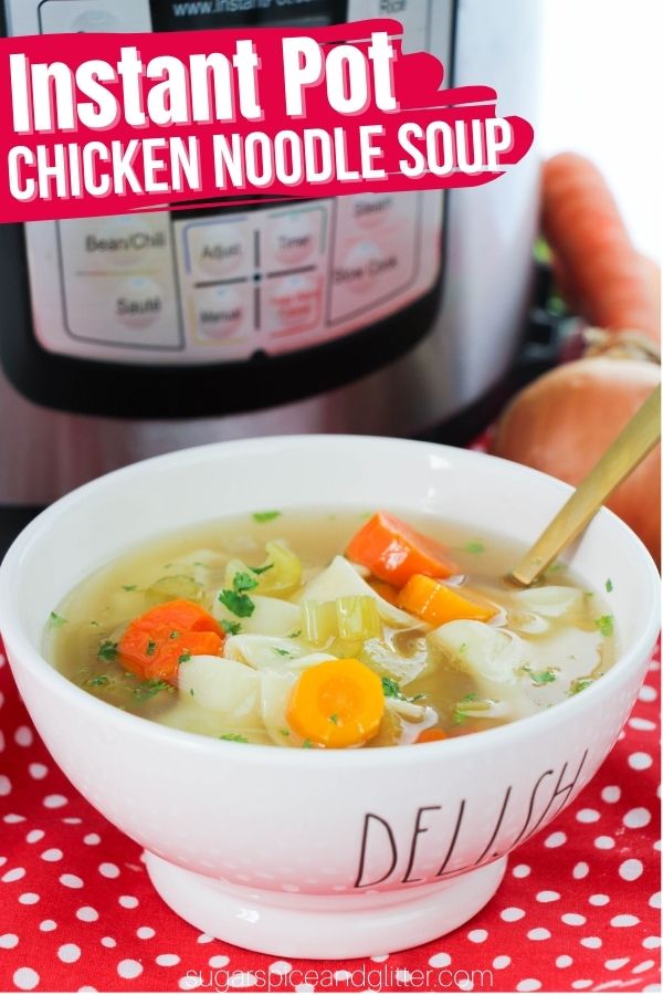 This Instant Pot Chicken Noodle soup is a classic. Tender, egg noodles, perfectly cooked veggies (we used carrots, celery, onion and garlic - but you can add more) in a flavorful chicken broth with a generous amount of shredded chicken.