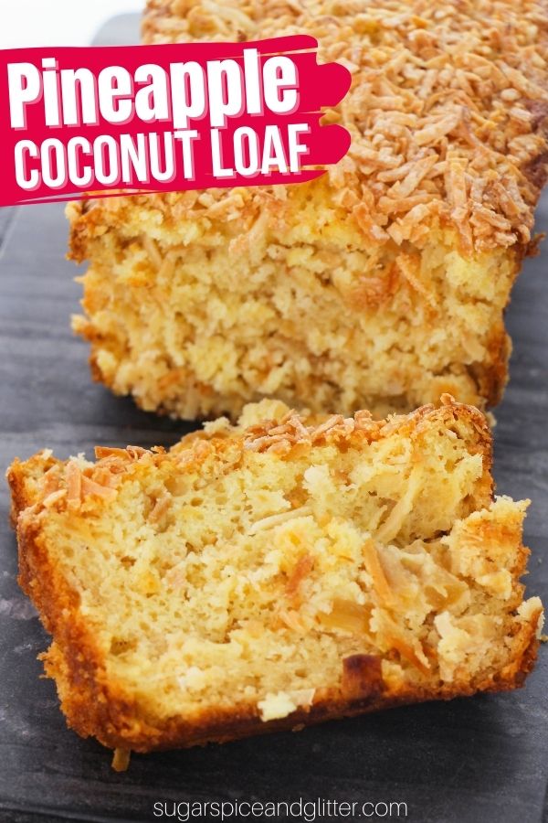 A pineapple loaf cake with tropical flavors and a soft rich crumb enhanced with bursts of juicy pineapple throughout and toasted coconut on top adding crunchy and nutty depth of flavor.