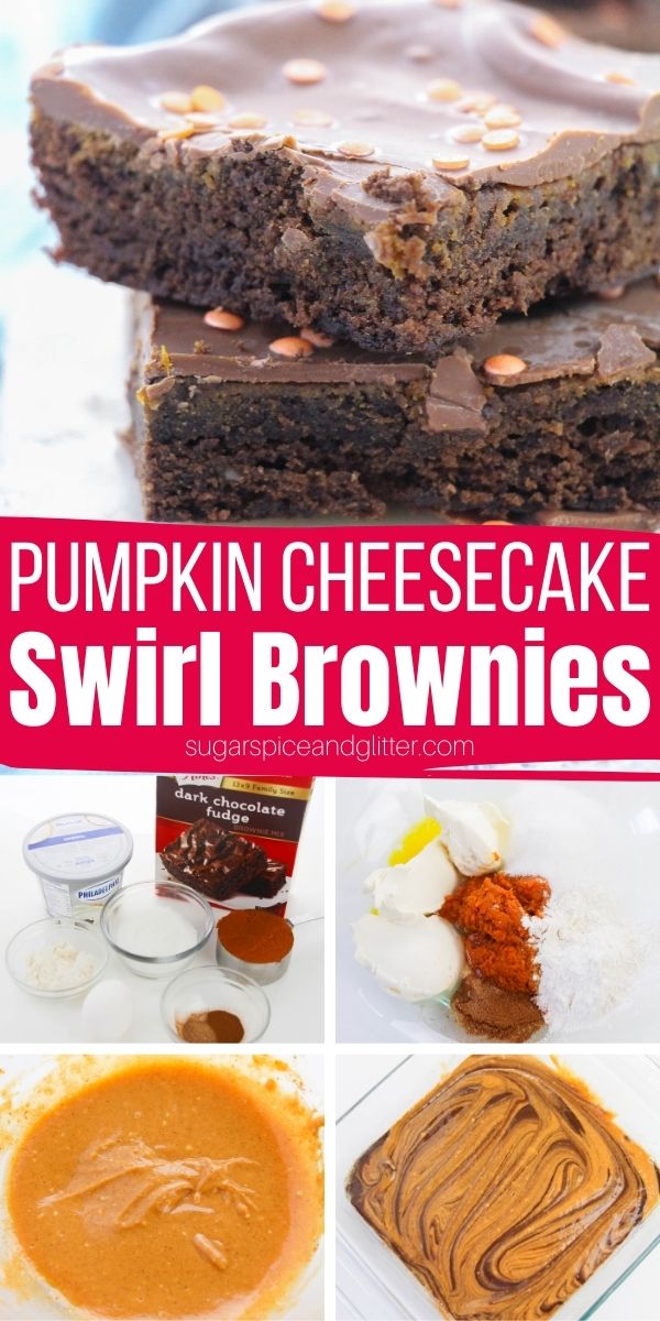 How to make pumpkin cheesecake swirl brownies - a luscious, rich and super simple dessert thanks to a quick baking hack of using boxed brownie mix. Enjoy as-is, or add a simple chocolate ganache topping