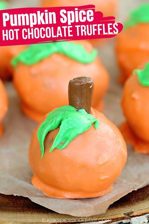 An easy no bake recipe for pumpkin spice hot chocolate truffles or pumpkin spice hot chocolate bombs. These pumpkin spice truffles can be enjoyed as-is, or melted into a warm cup of milk for a pumpkin spice hot chocolate!