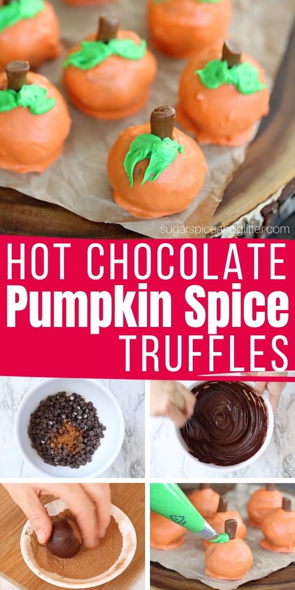 How to make Hot Chocolate Pumpkin Spice Truffles - or Pumpkin Spice Hot Chocolate Bombs. Enjoy them straight-up as a chocolate truffle or melt in a mug of warm milk for an indulgent pumpkin spice hot chocolate