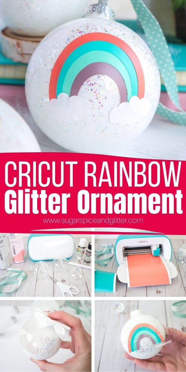 How to make these adorable, glittery Cricut Rainbow Ornaments using a Rainbow SVG file and Cricut removable vinyl. A cute Christmas rainbow ornament that would work great for St Patrick's Day or a Rainbow Baby Shower