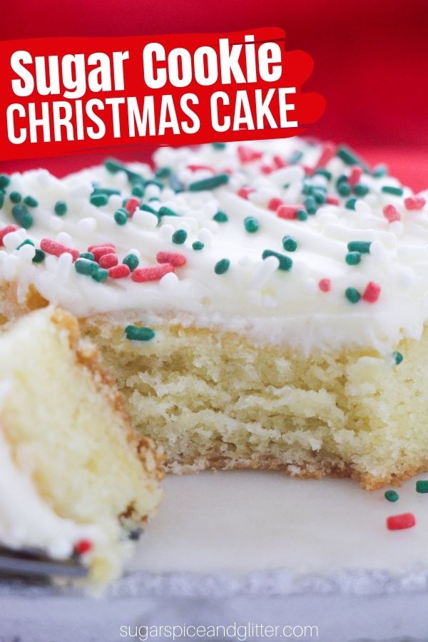 A decadent sheet cake recipe with all of the flavor of sugar cookies, topped with a luscious cream cheese frosting. The perfect, simple Christmas cake for a low-key holiday dessert